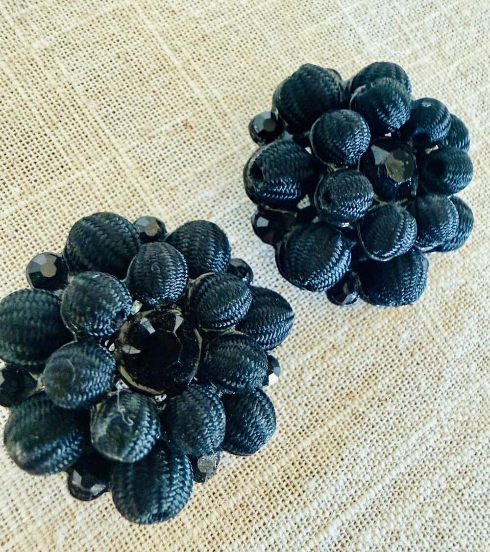 Vintage Mid-Century Black Cluster Beaded Fabric Buttons Set of 2 Statement